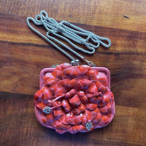 Brighton Rosalie Red Pink Patent Leather Flower Kiss Lock Crossbody Bag - Picture 8 of 13